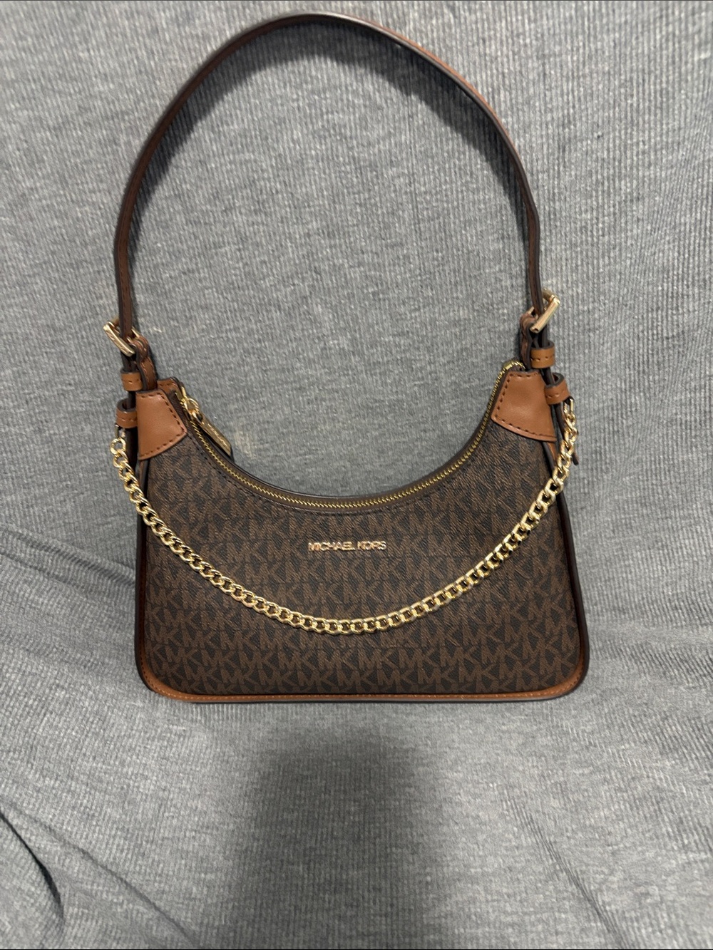 Michael Kors Brown Monogram Shoulder Bag with Gold Chain